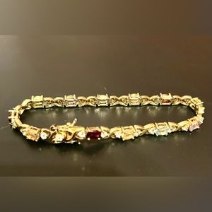 Vintage Tennis Bracelet DBL 925 Gold Multi colored Semi precious Gems